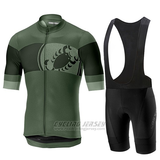 2019 Cycling Jersey Castelli Ruota Black Green Short Sleeve and Overalls