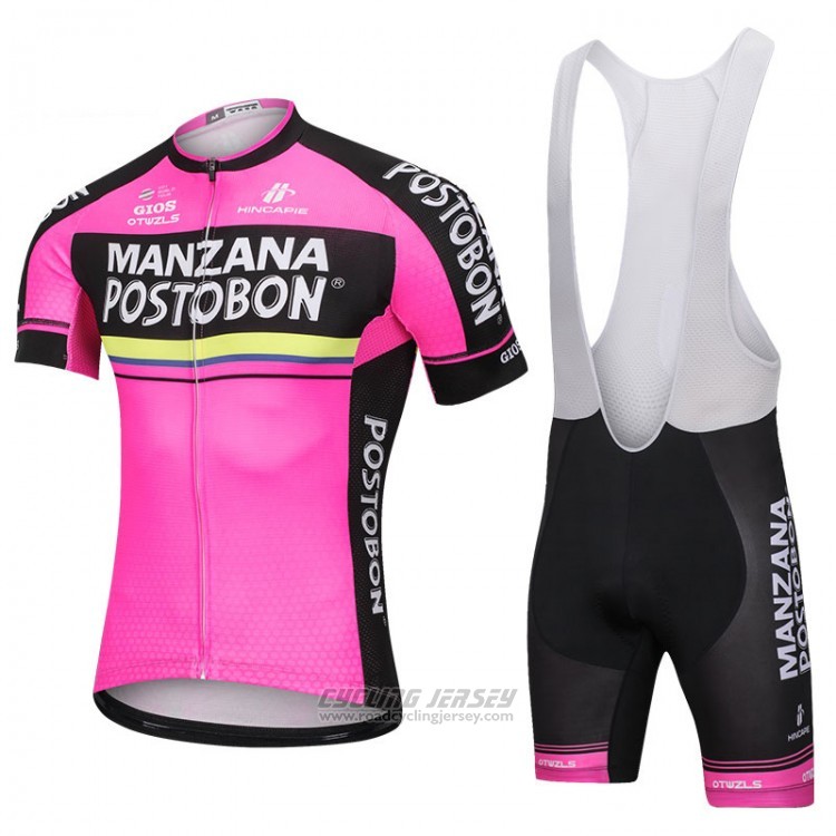 2018 Cycling Jersey Manzana Postobon Pink Short Sleeve and Bib Short